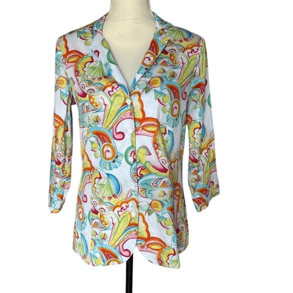 Leggiadro Women's Cotton Paisley Blouse Size 6 Multicolor 3/4 Sleeve Colorful